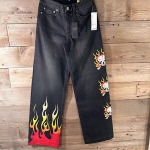 Ed Hardy Black Jeans Flames Skulls Wide Leg 26 NWT